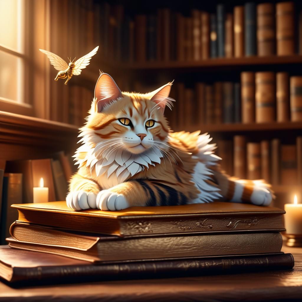 Angelic Cat in Cozy Library: Fantasy Illustration