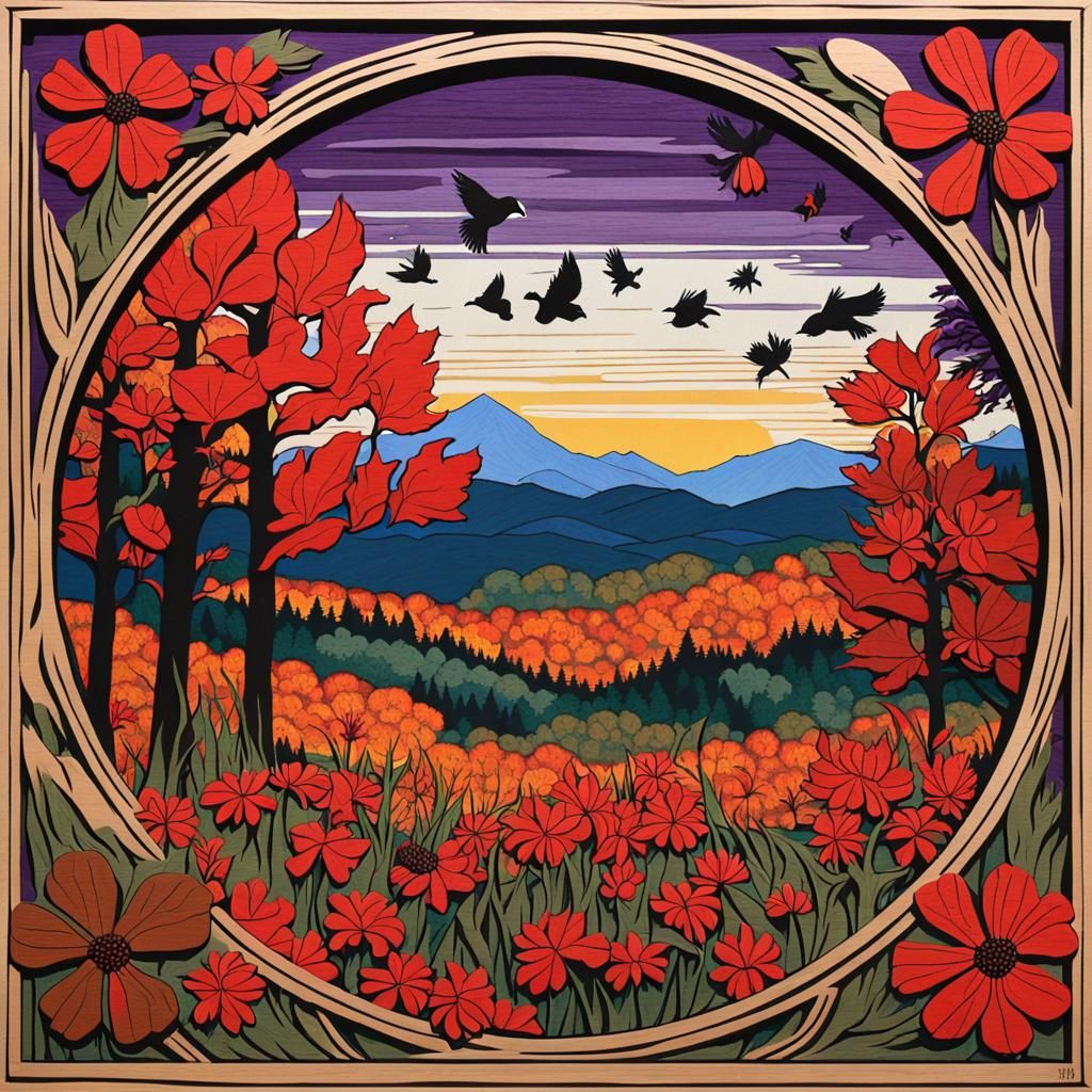 Wildflowers and Chickadee Woodcut in Esherick Style