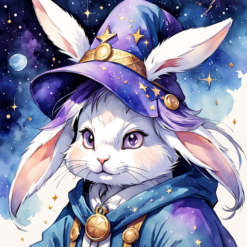 Whimsical Rabbit Astrologer in Watercolor Sketch Style