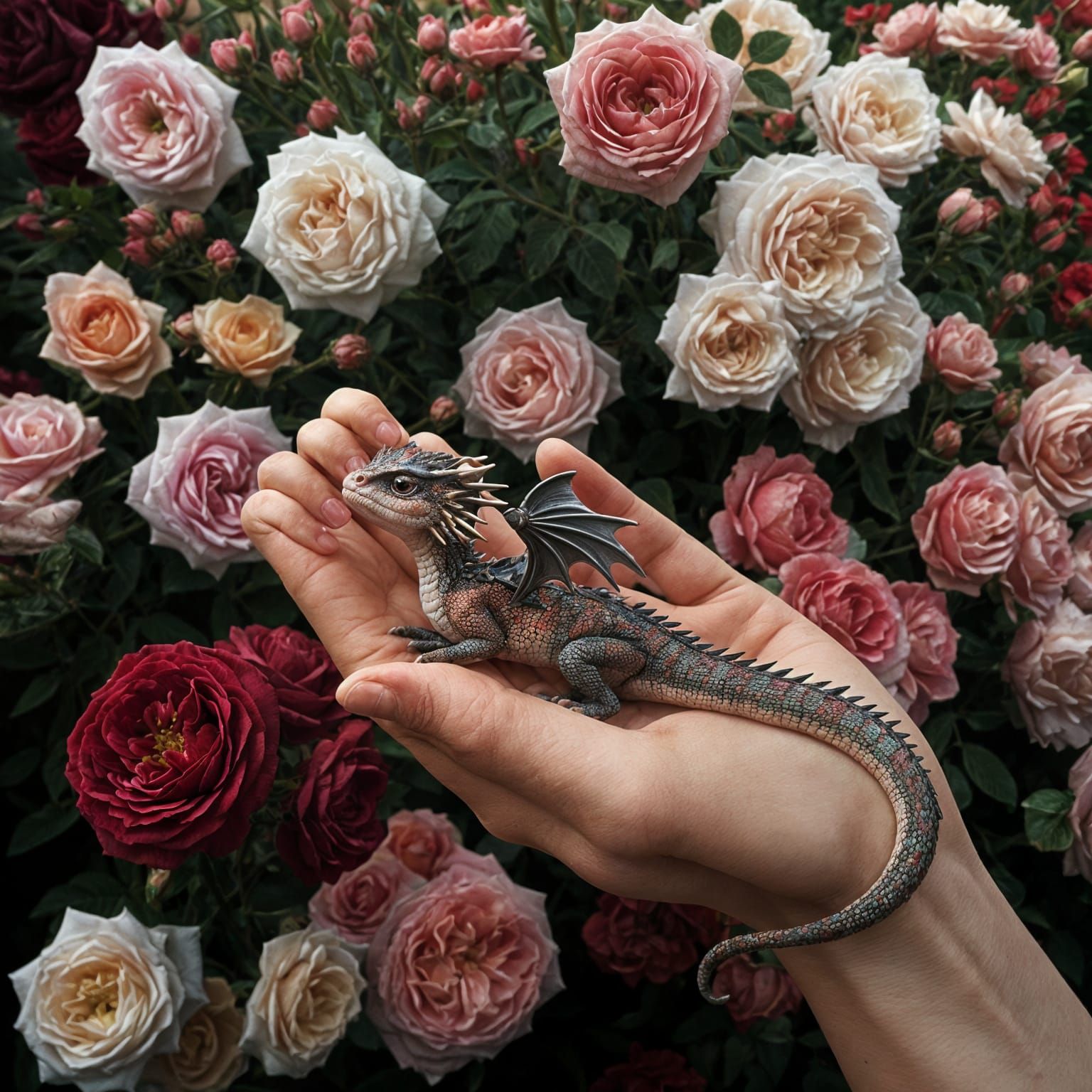 Miniature Dragon in Hand Amongst Roses
