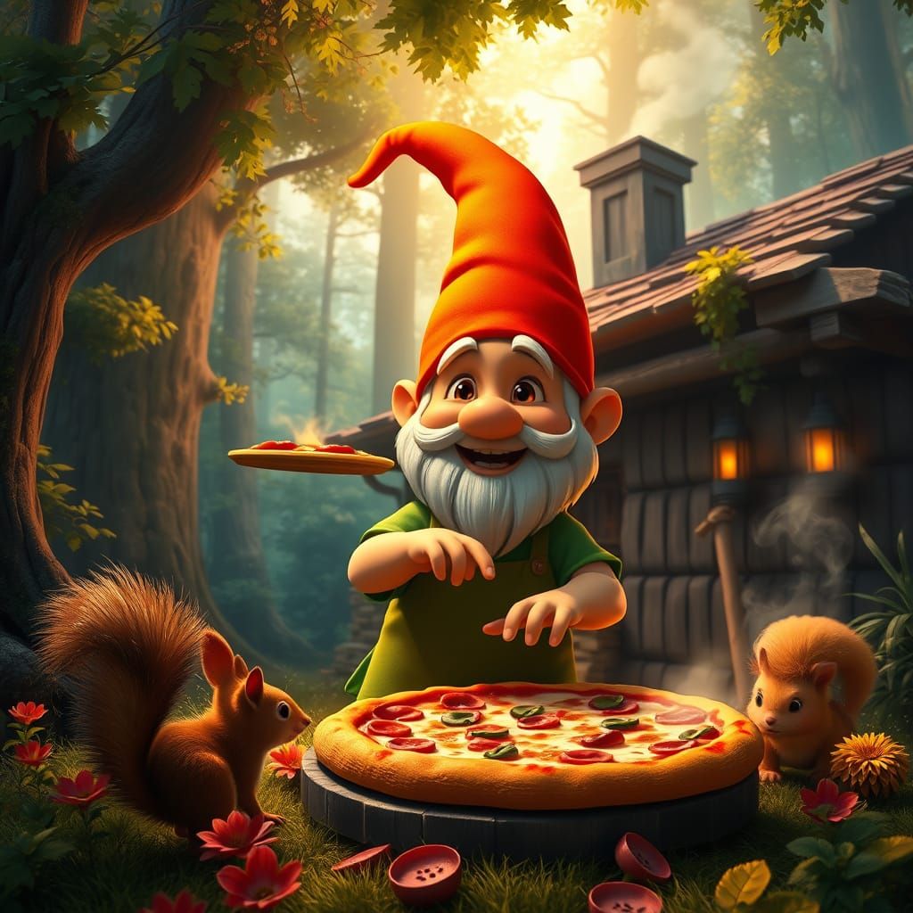 A whimsical REALISTIC cheerful gnome tosses a pizza in a vib...