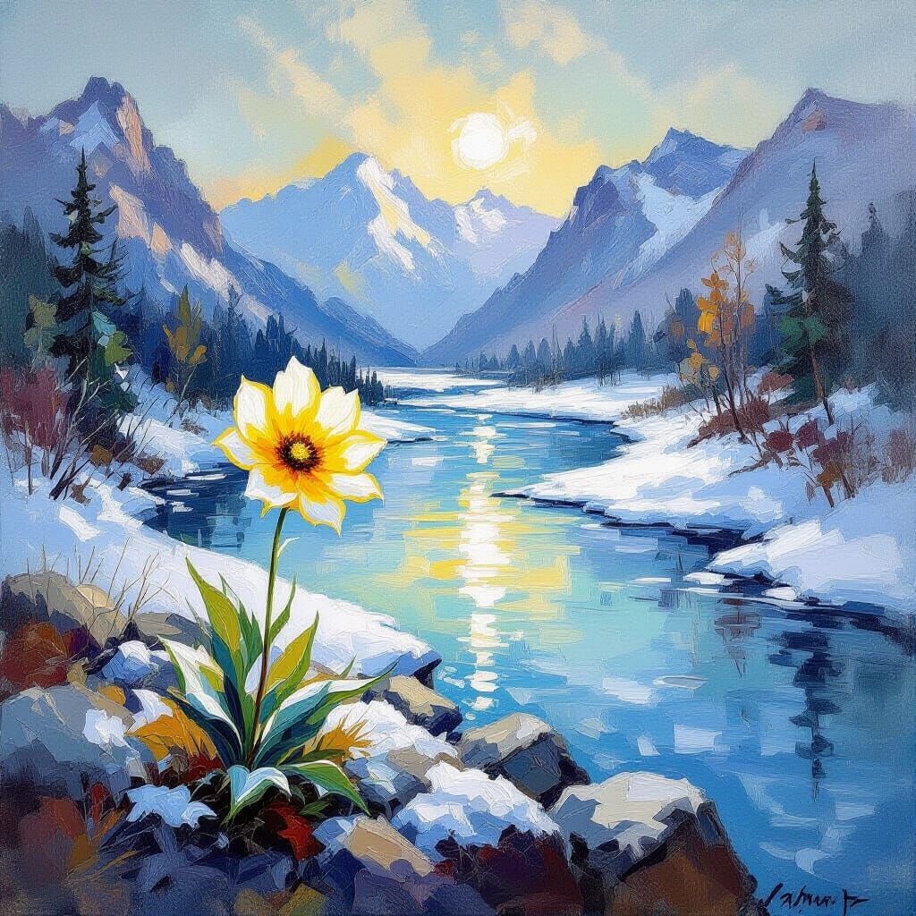 Wild Yellow Flower With Icy Petals Near Frozen River