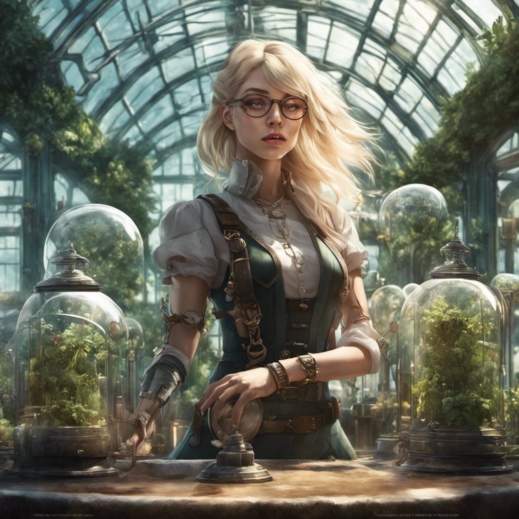 Steampunk Girl in Greenhouse: Hyperrealistic Anime Art