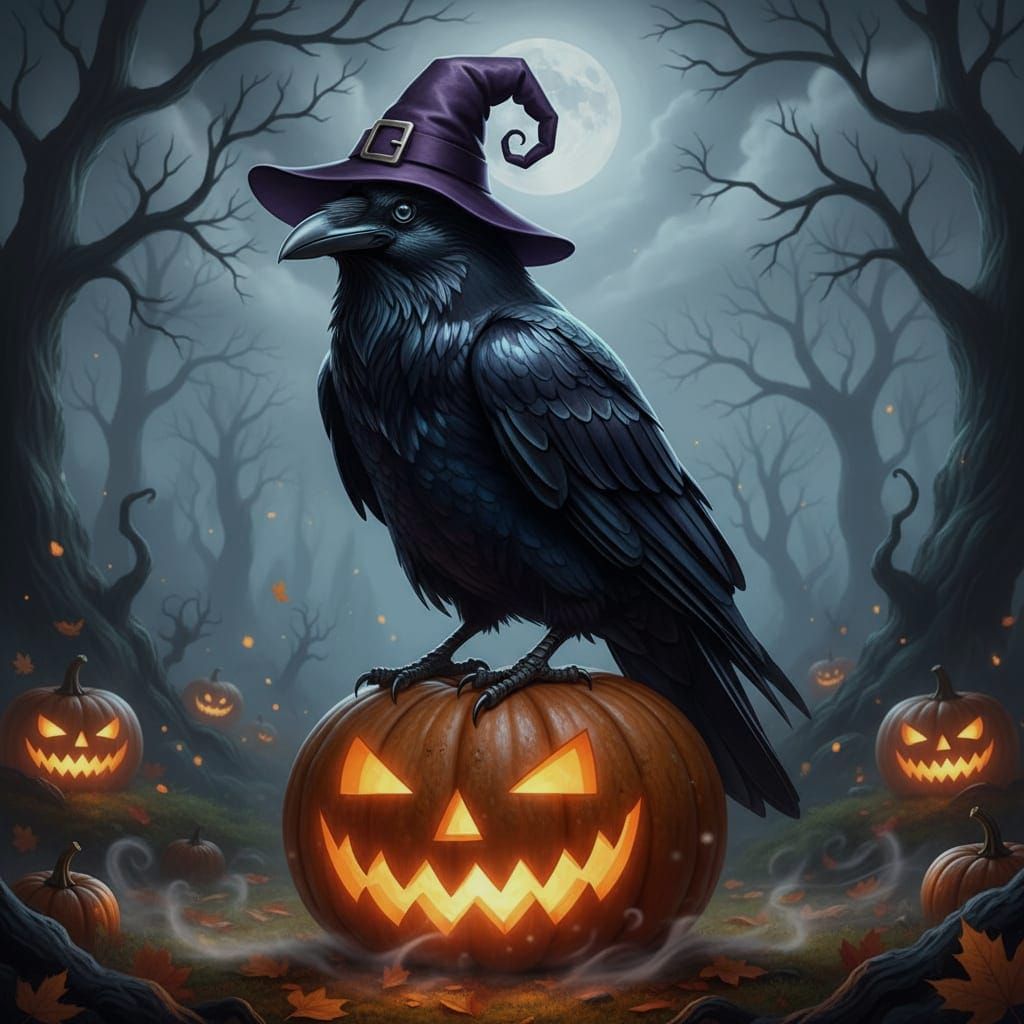 Raven in Witch Hat on Glowing Jack-o'-Lantern