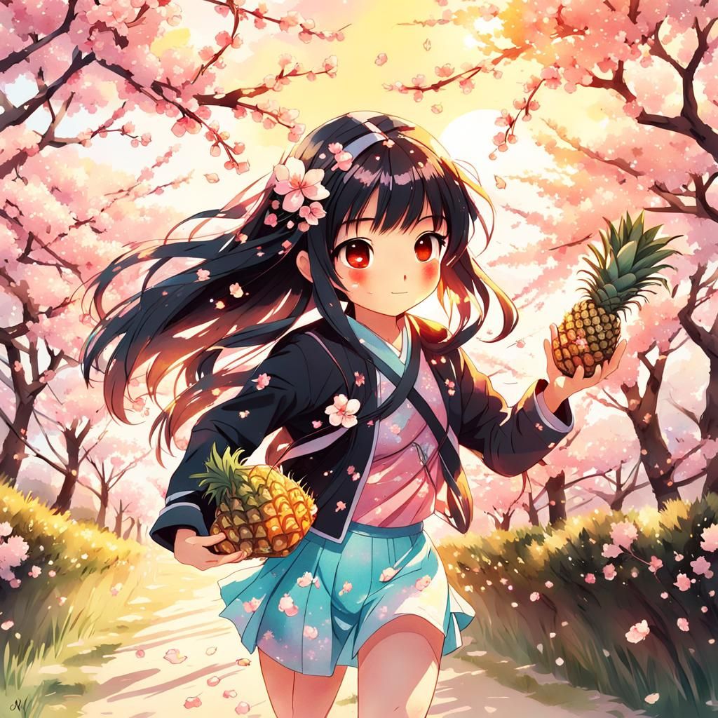 Little Girl in Anime Watercolor Cherry Blossom Scene