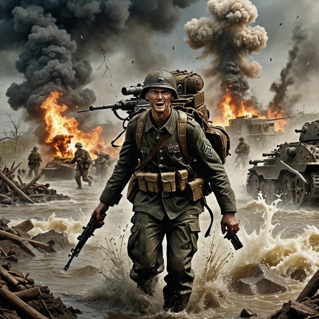 German Soldier Charges Through Fiery Battlefield