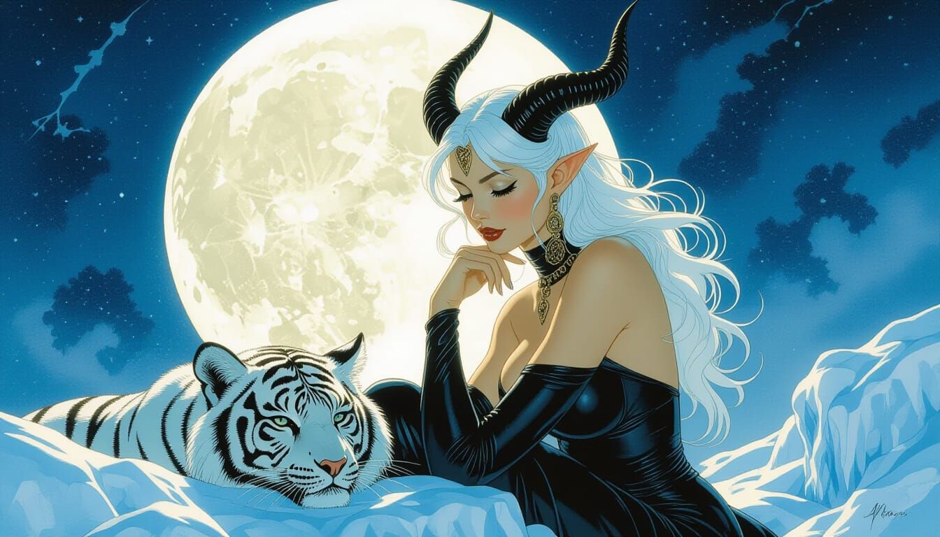 Voluptuous White-Haired Woman on Ice Moon in Comic Art Style