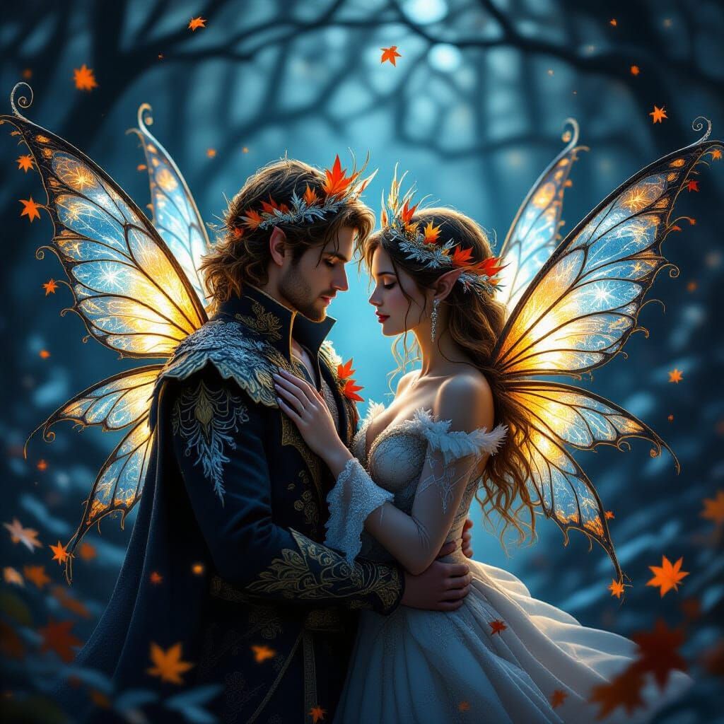 Mystical Autumn Fairy Lovers in Golden Blue Light