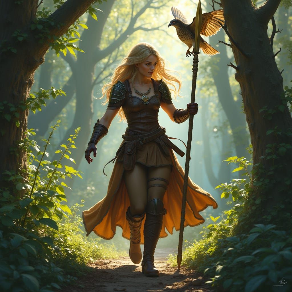 Freyja in Primeval Forest with Golden Spear