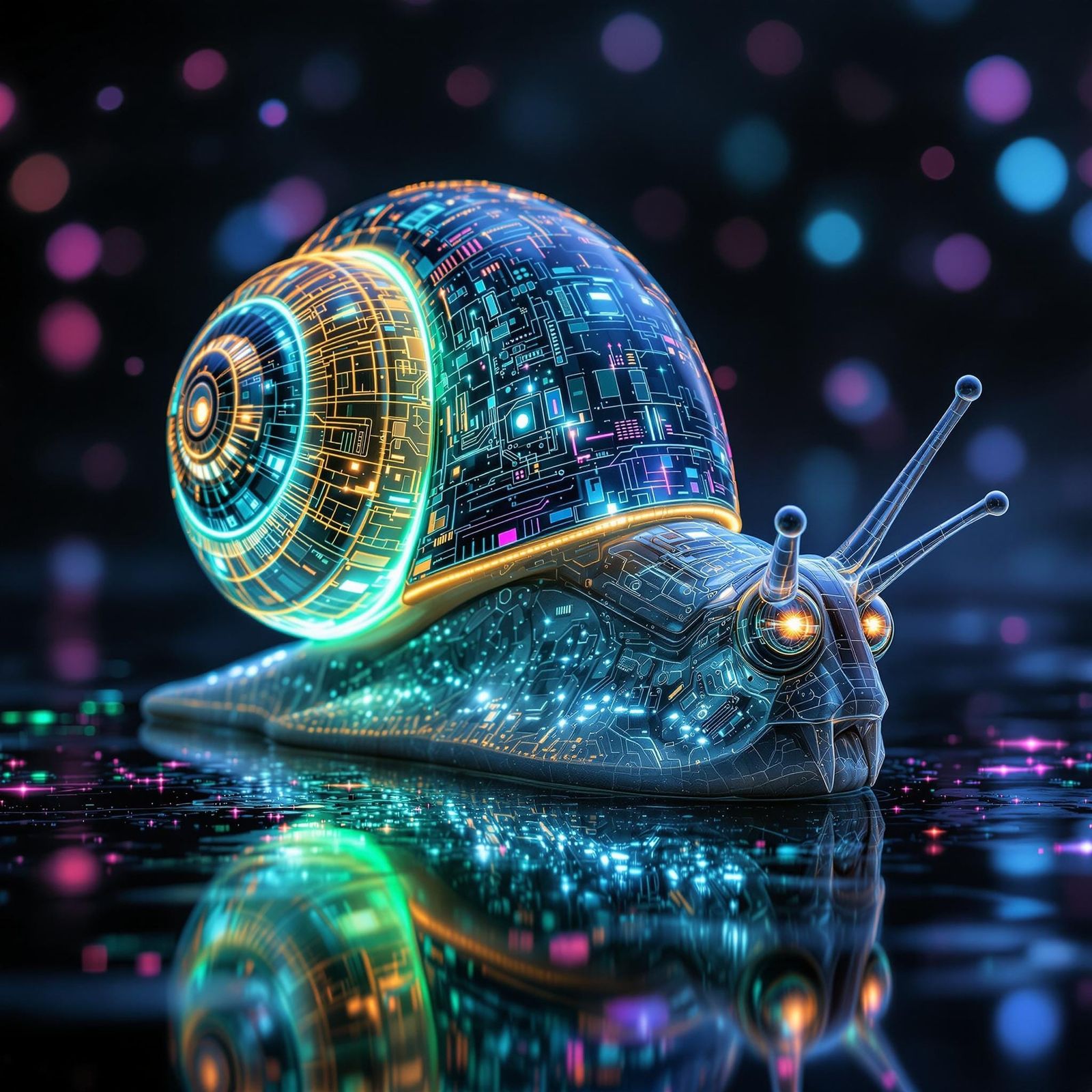 Cyberpunk Snail with Glimmering Mechanical Shell
