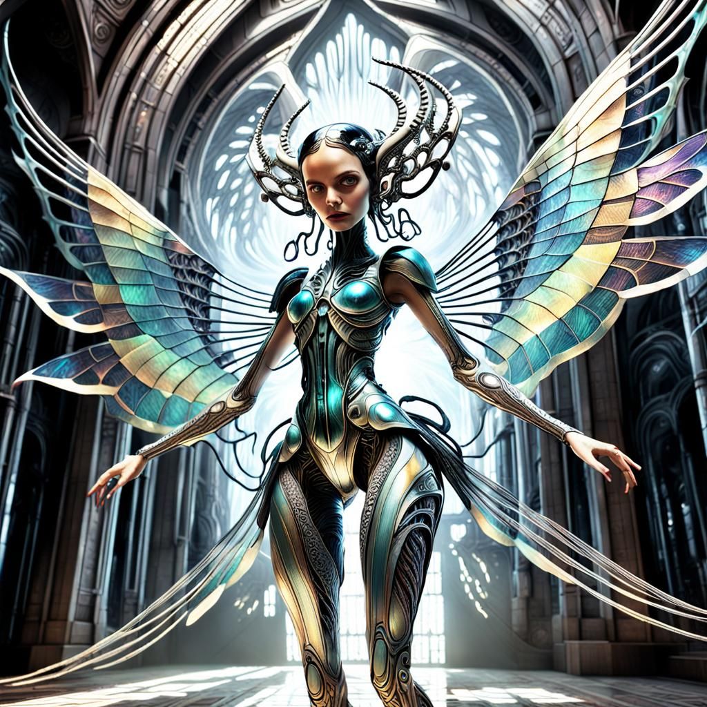 Biomechanical Woman with Iridescent Skin in Comic Style
