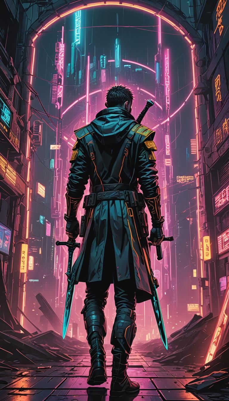 Five of Swords Tarot in Cyberpunk 2099 Style