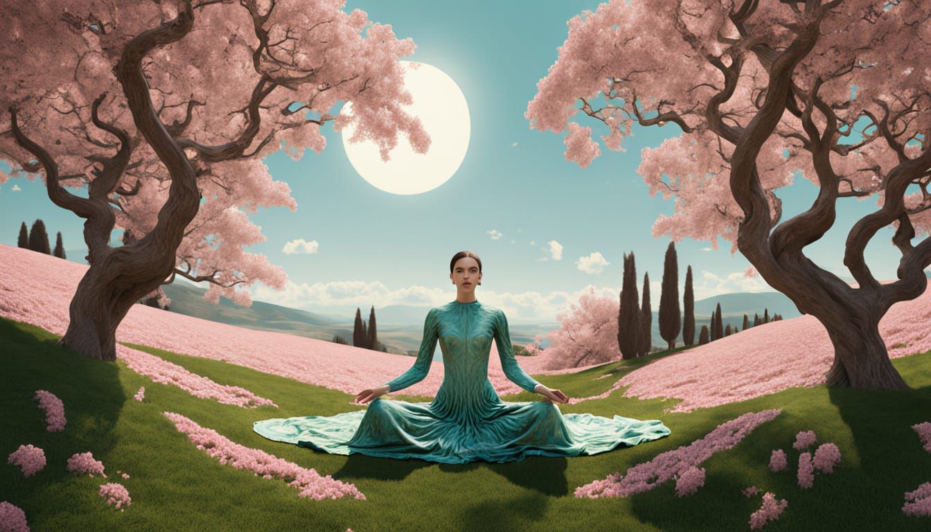 Dreamlike Surrealism: Woman of Light in Blossoming Landscape