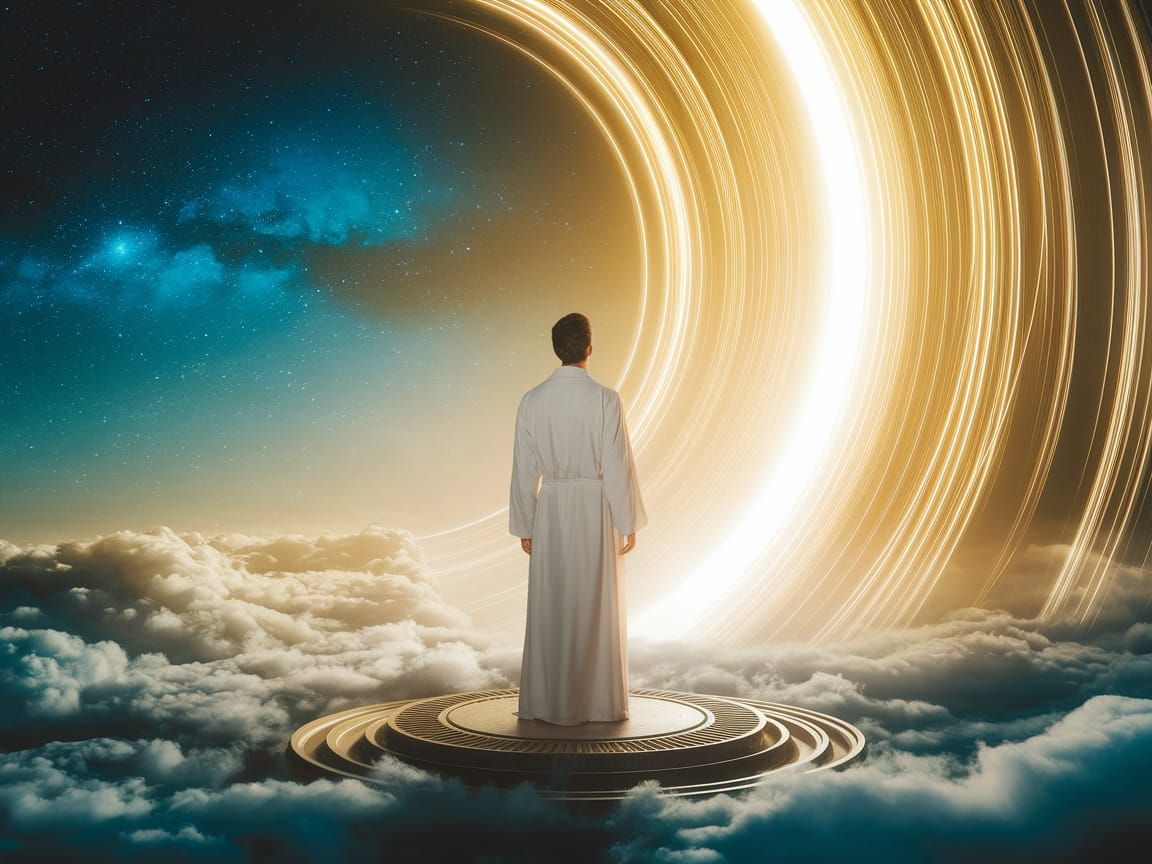 Man Gazing Up at Celestial Tunnel in Dreamlike Style