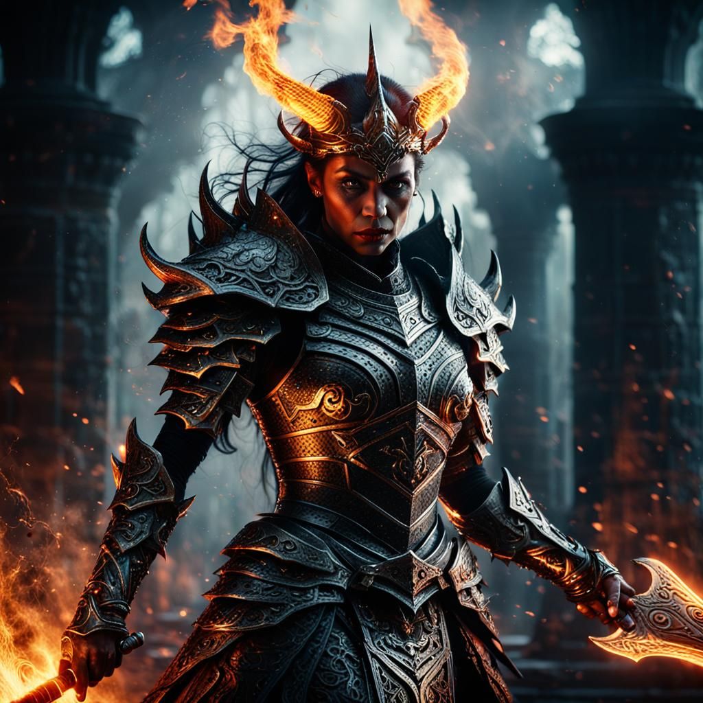 Demon Queen with Flame Sword in Dark Fantasy Realm