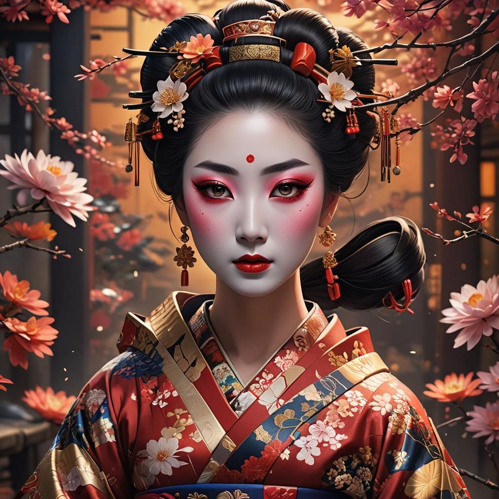 Geisha Portrait with Elaborate Makeup, Matte Painting