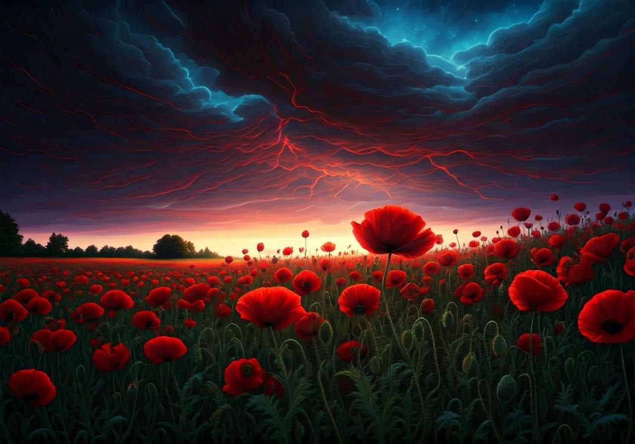 Tempestuous Poppy Field Storm in Romantic Style