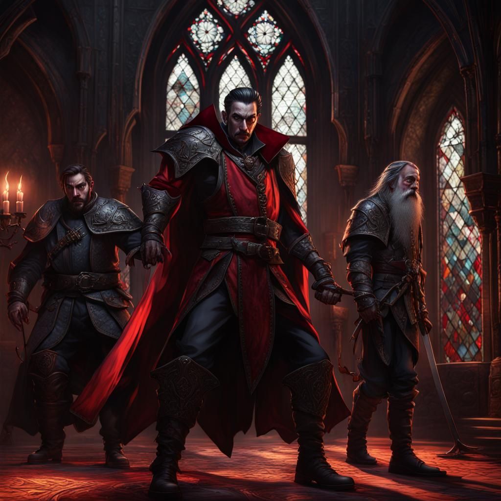 Dracula Confronts Heroes in Gothic Castle: Detailed Matte Pa...