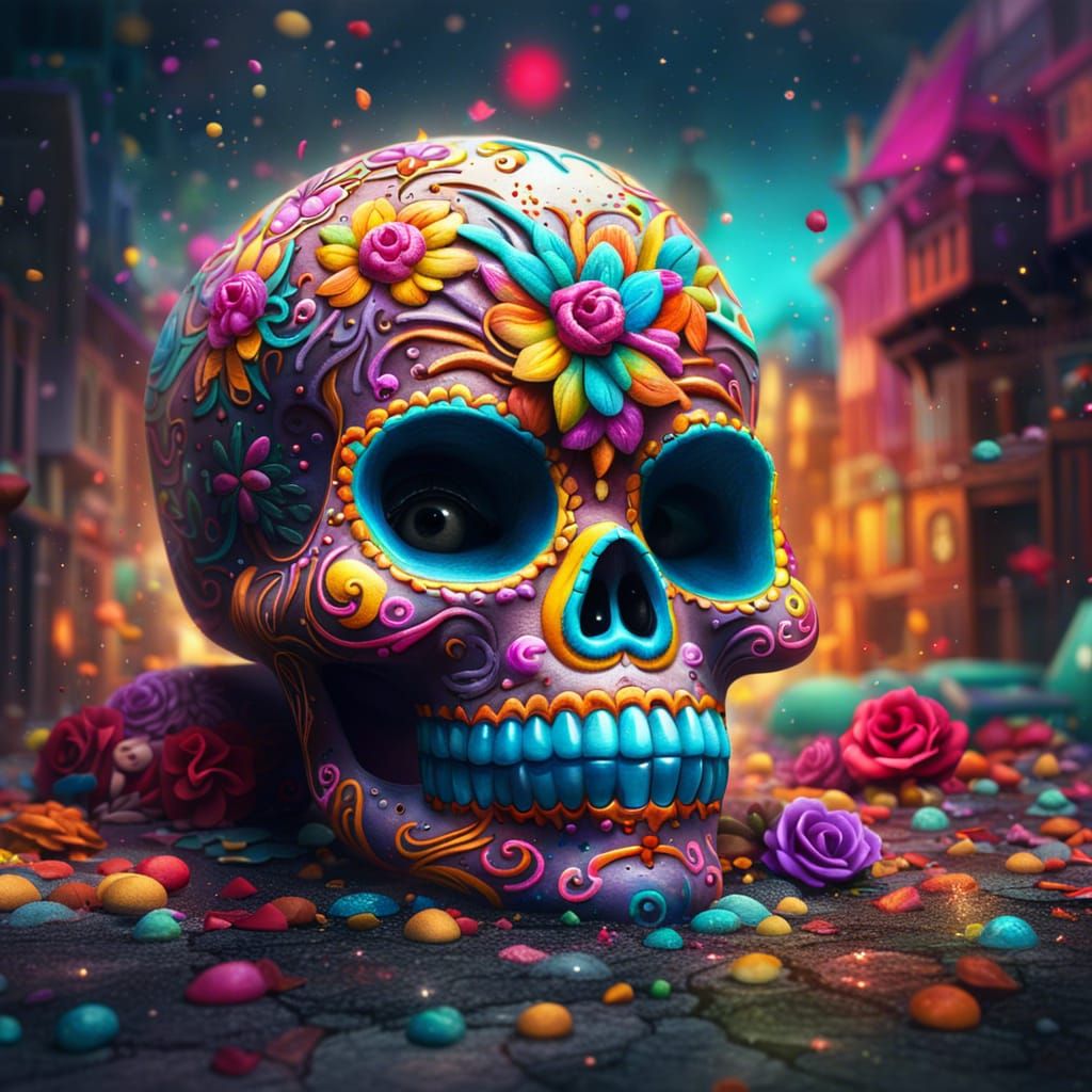 Colorful Sugar Skull Dia de Muertos Graffiti Art