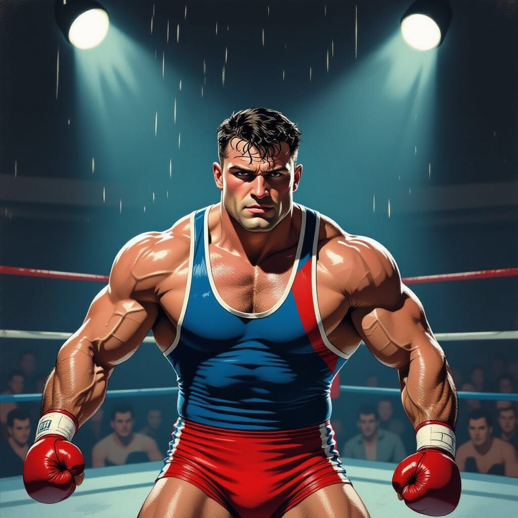 Heroic Wrestler in Gritty Boxing Ring Pulp Art Style