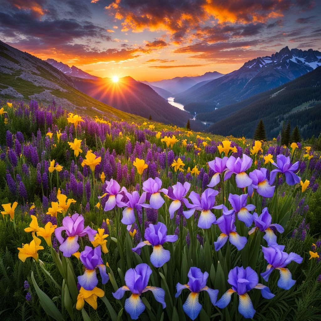 Sunrise Over Mountain Valley with Wildflowers
