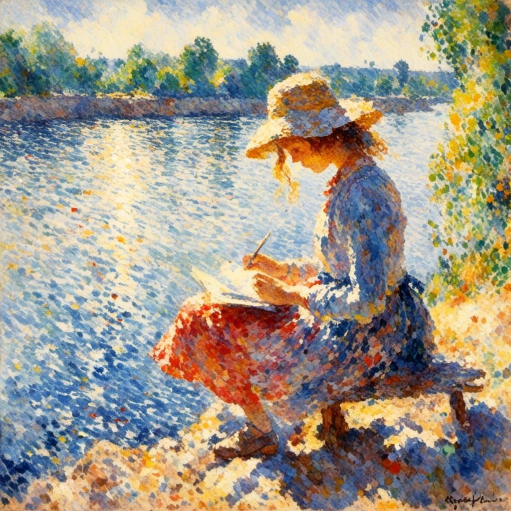 Girl Reads by River in Impressionistic Watercolor