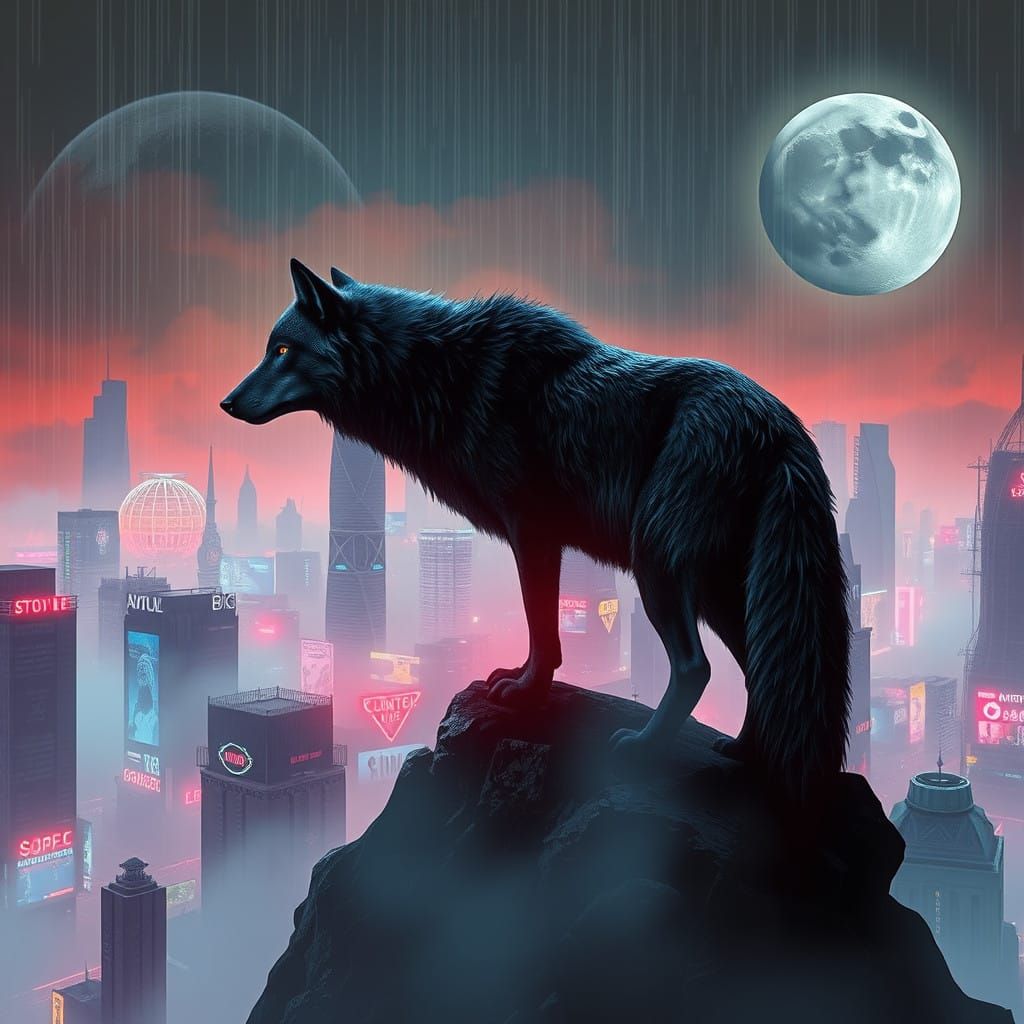 Wolf in Neon-Lit Dystopian Cityscape on Venus