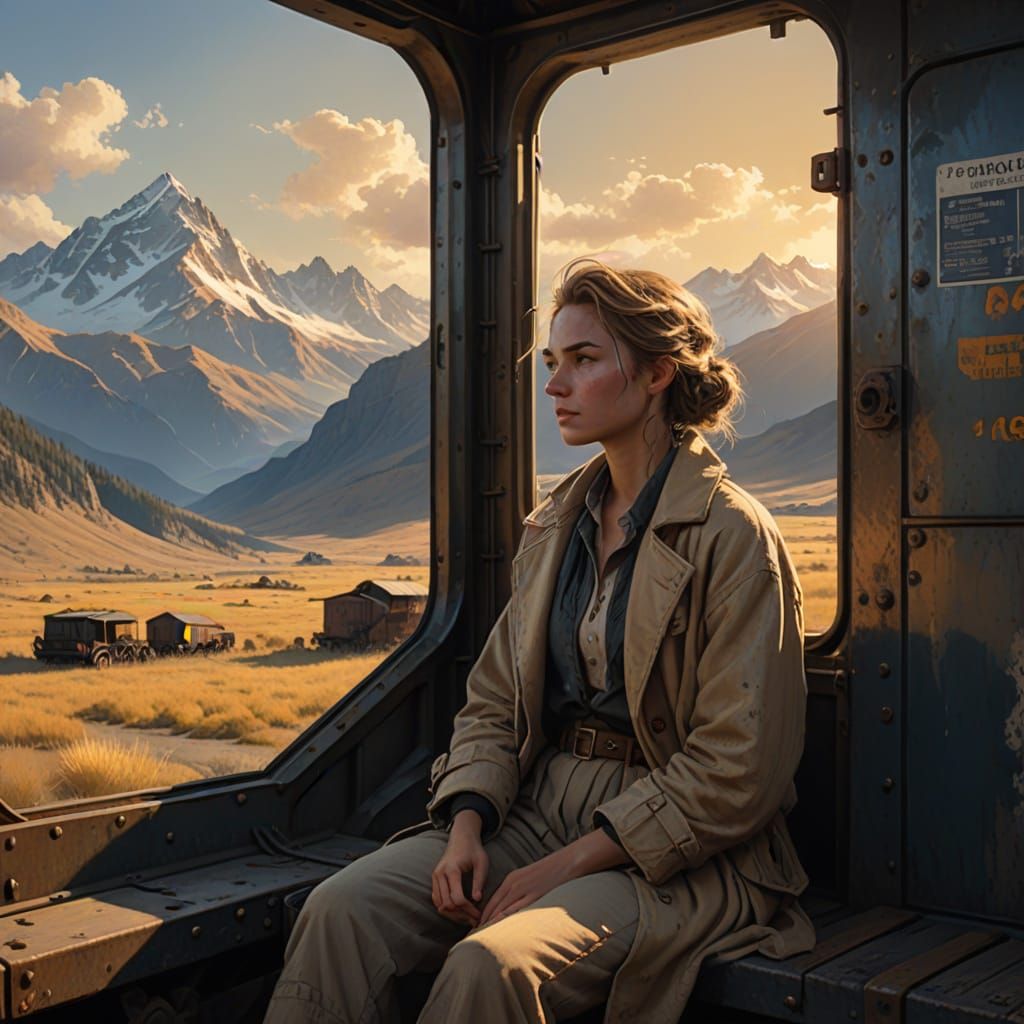 Woman Gazes at Mountains from Freight Car in Golden Hour