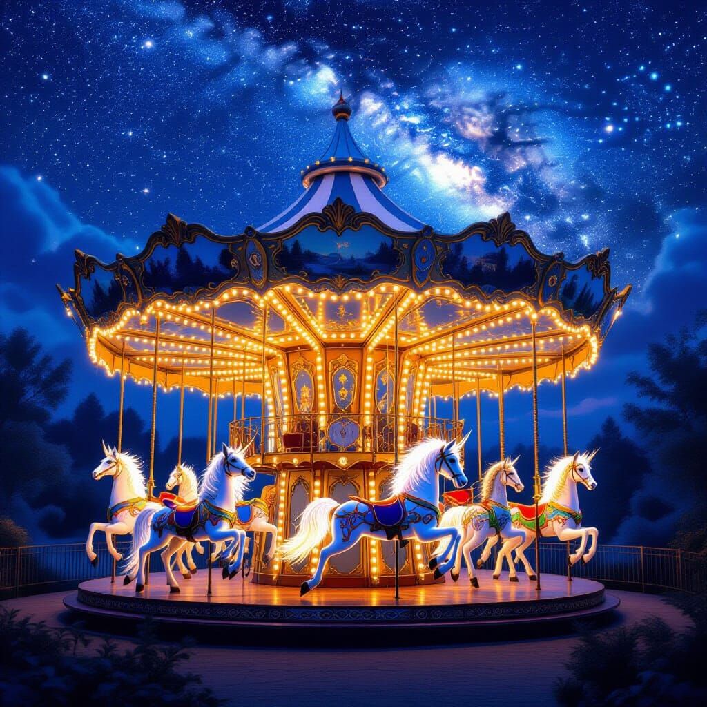Mythical Creatures Carousel in Starry Nightscape