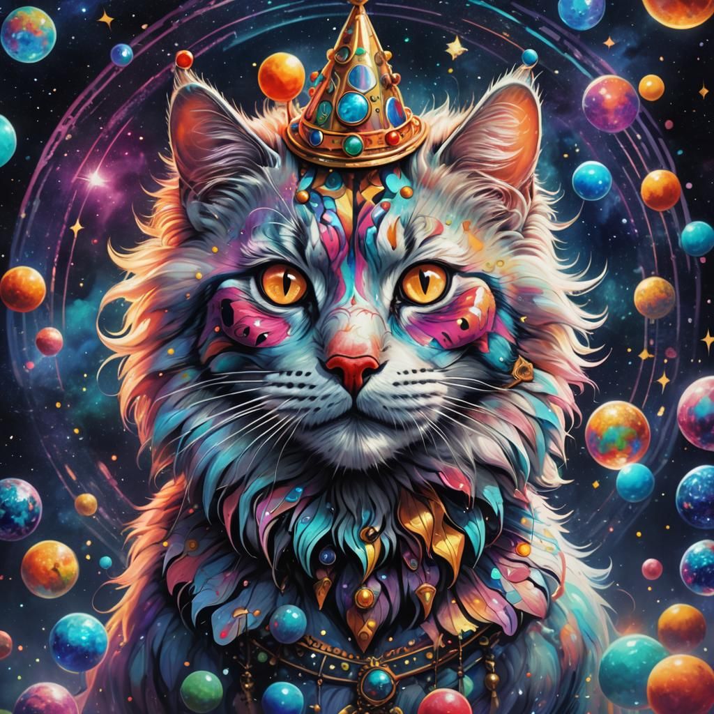 Astral Clown Cat in Visionary Art Style