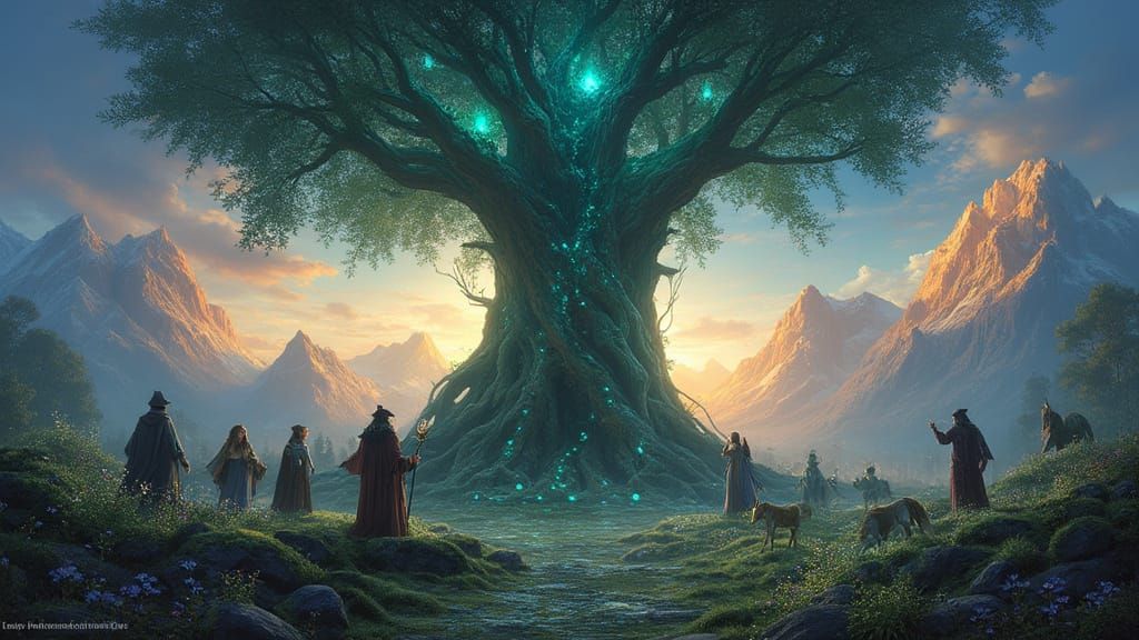 Epic Fantasy Landscape with Diverse Heroes and Glowing Tree