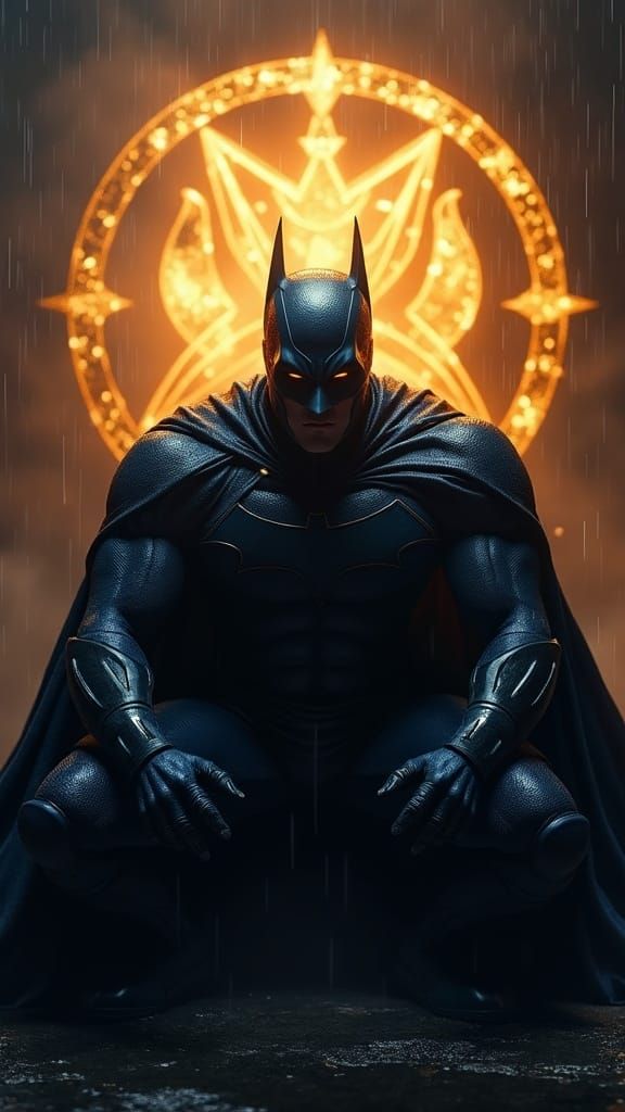 Masked Vigilante Before Mystical Emblem