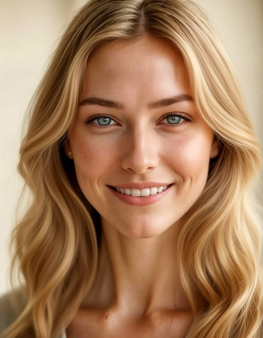 Smiling Woman Portrait with Flowing Blonde Hair and Blue Eye...