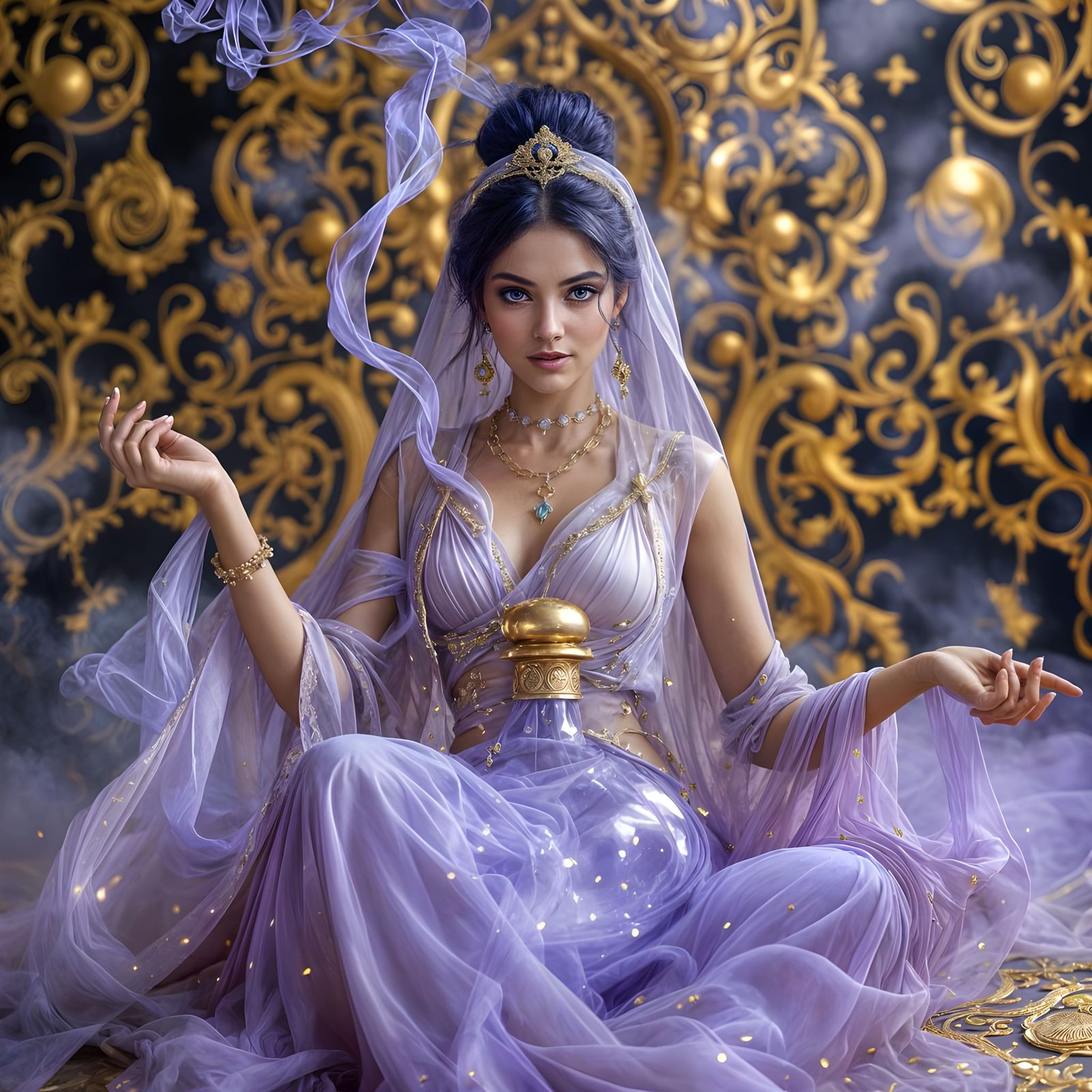 Mystical Genie Emerges from Lavender Smoke in Photorealistic...