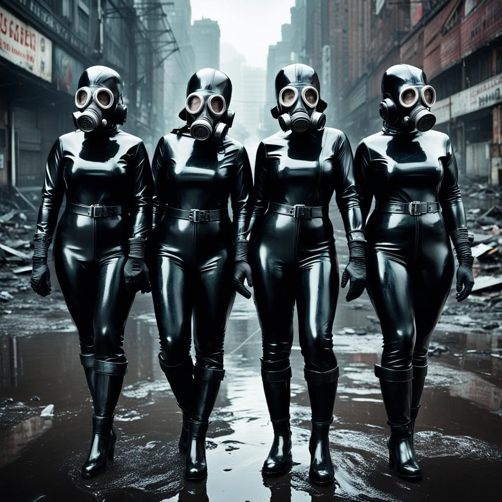 Rainy Post-Apocalyptic City: Curvy Women in Rubber Gas Masks