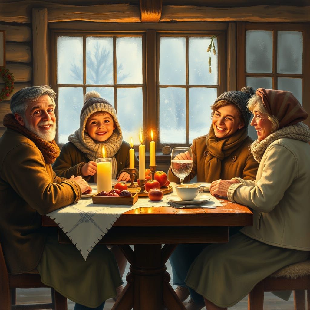 Warmth of Family Gathered Around Candlelit Dinner in Snowy S...
