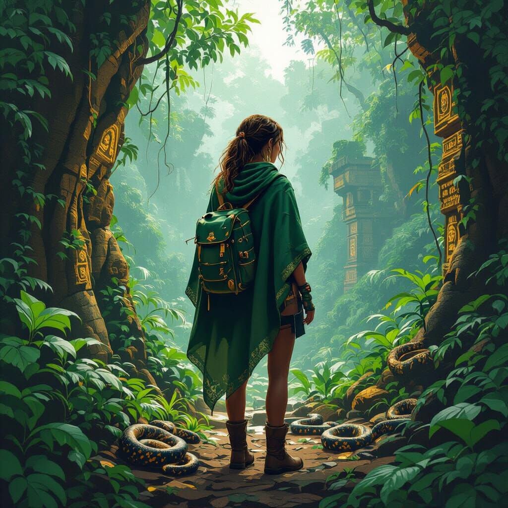 Explorer in Rainforest with Ancient Ruins Art