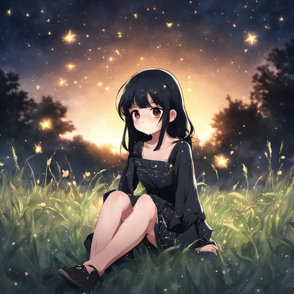 Chibi Girl in Starry Dress with Fireflies