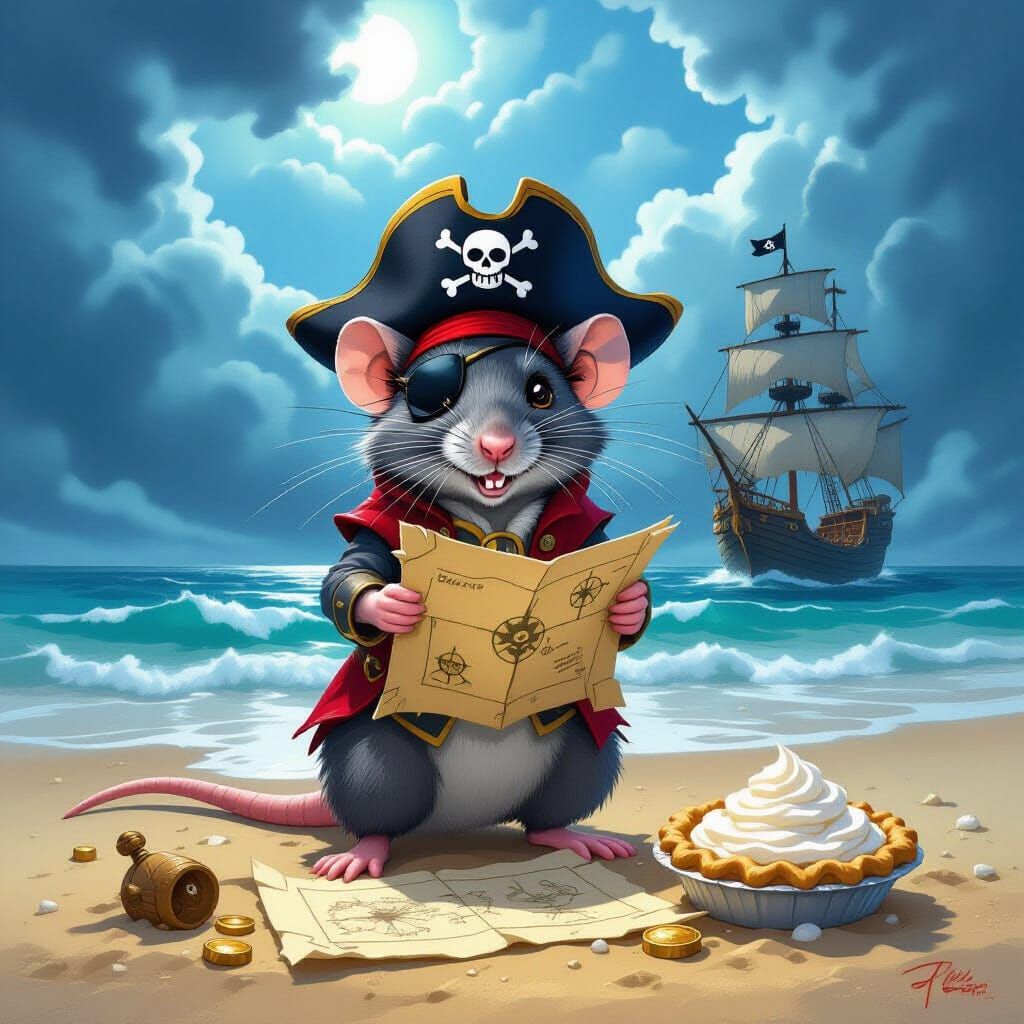 Pirate Rat Captain on Treasure Beach with Whipped Cream Pie