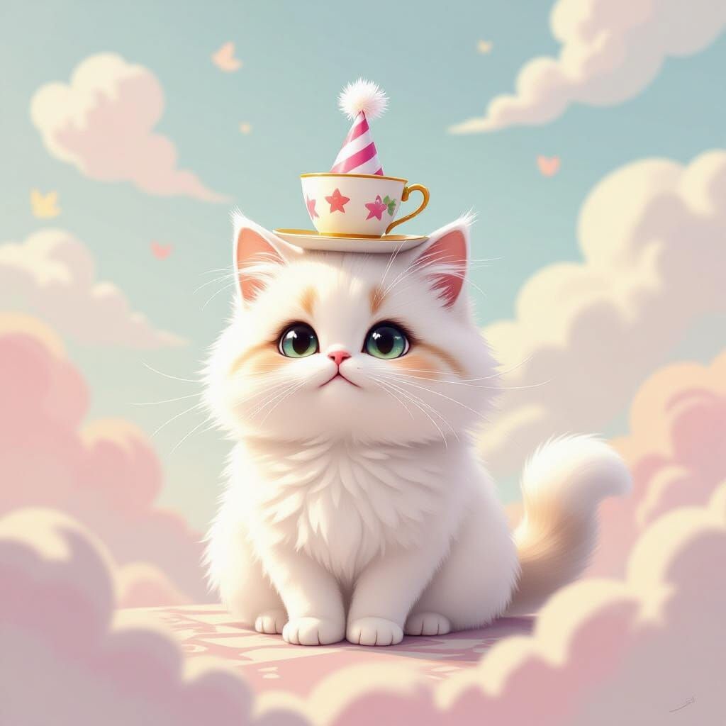 Fluffy Cat Balances Teacups on Head in Pastel Clouds