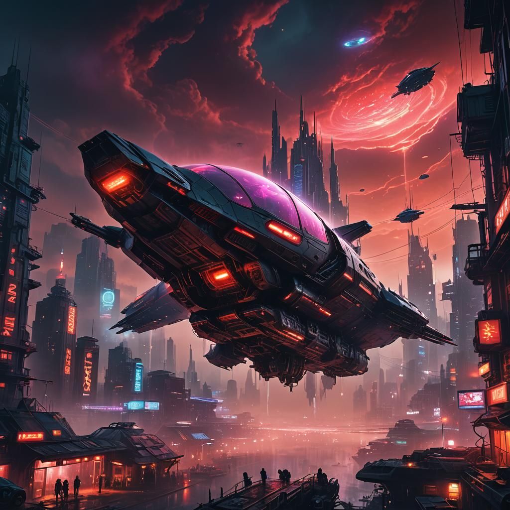 Futuristic Spaceship Over Post-Apocalyptic Cityscape Concept...