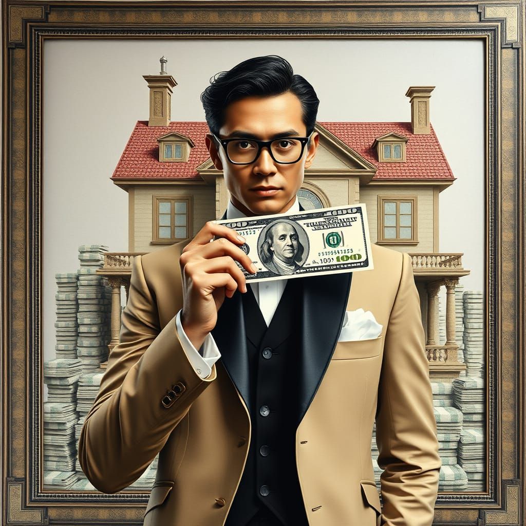 Hyper-Realistic Person with $100 Bill in Money House