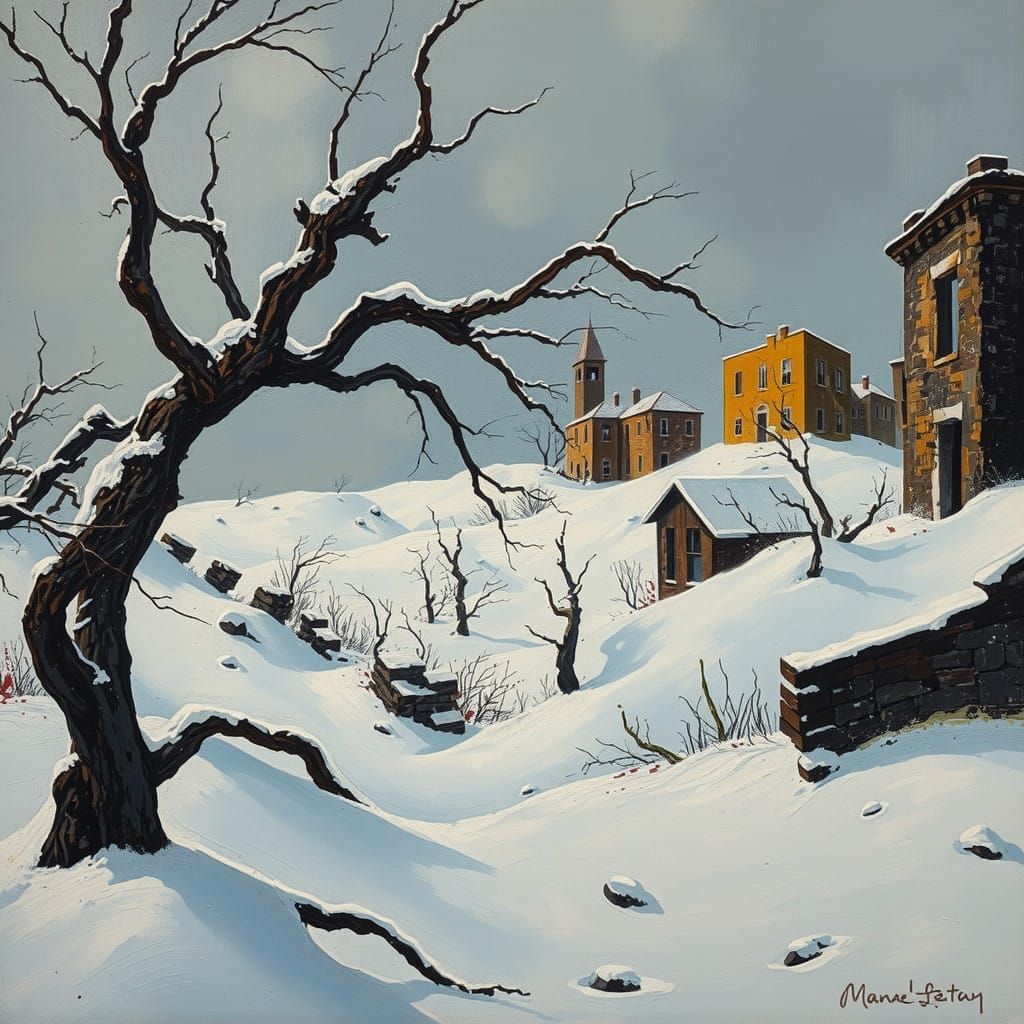 Fauvist Winter Ruins in Icy Blue and Grey