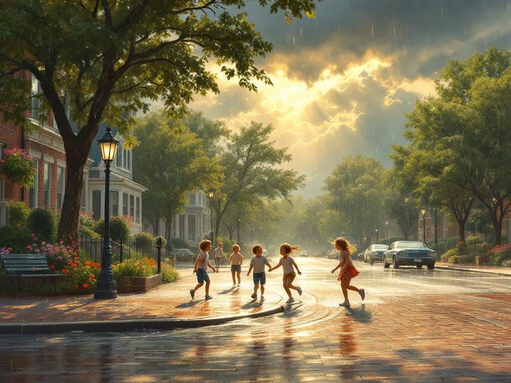 Children Playing Tag After Summer Rain