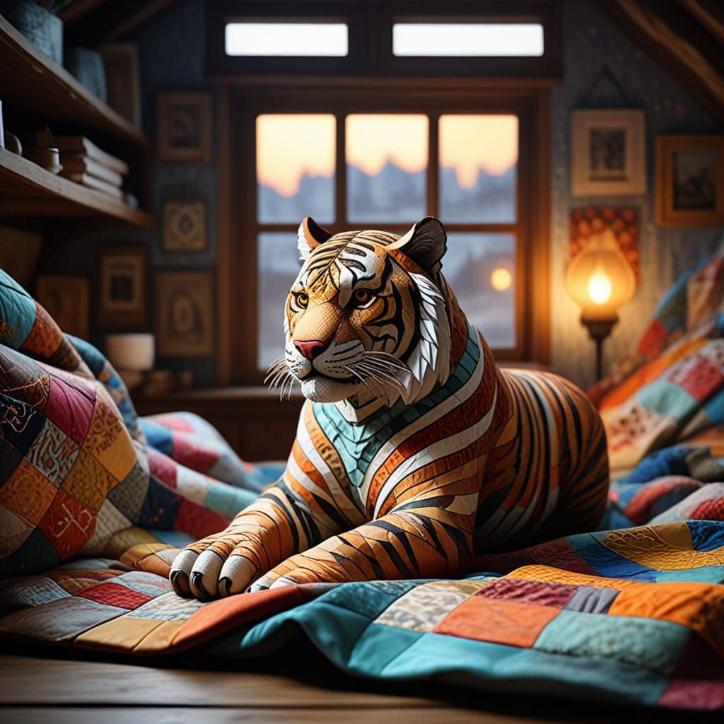 Whimsical Tiger Textile Art in Cozy Attic Setting
