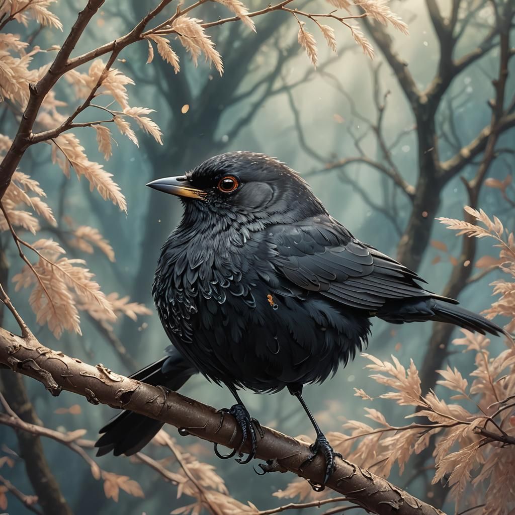 Blackbird Perched: Realistic Anime Art in Pastel Colors