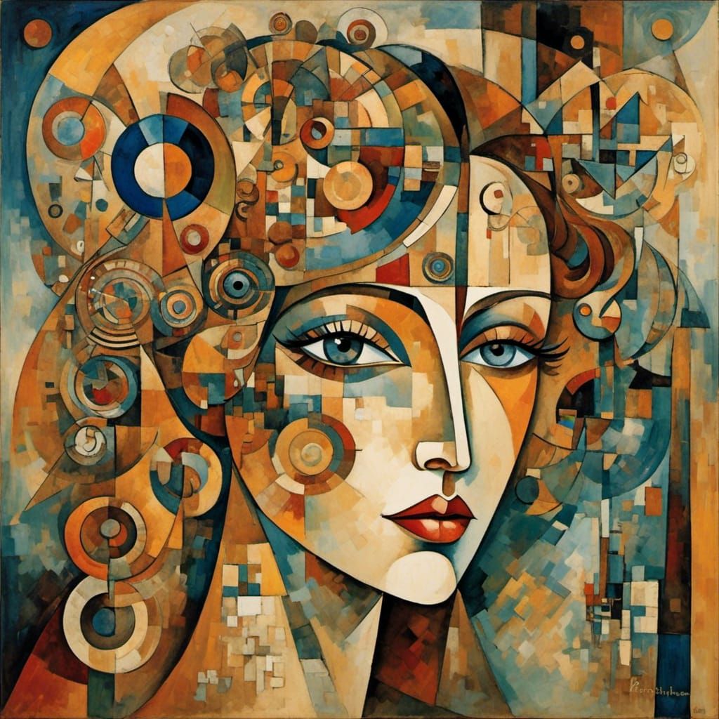 Cubist Woman's Face with Arabesque Doodles