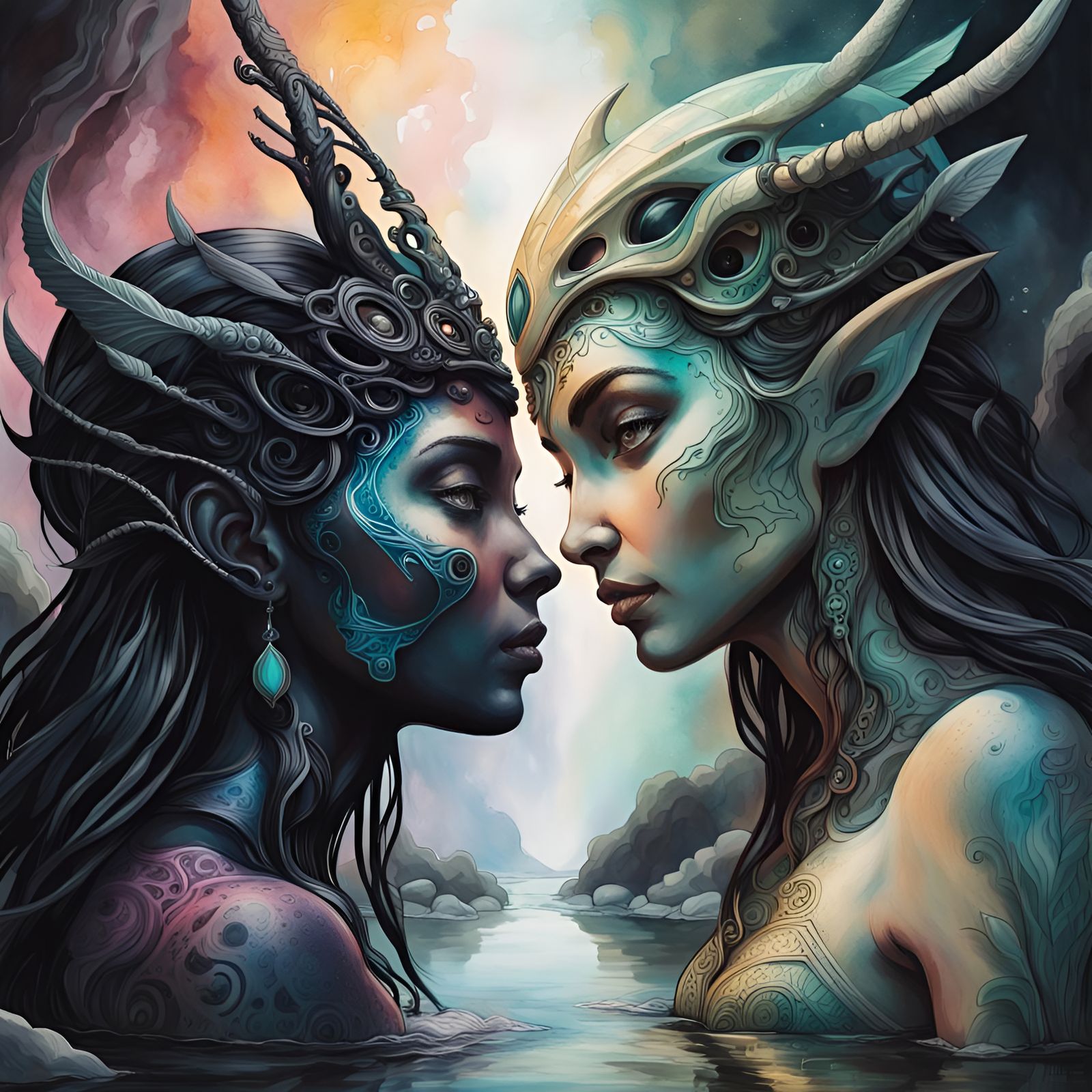 Alien Goddess Meets Elf in Black Ink Art