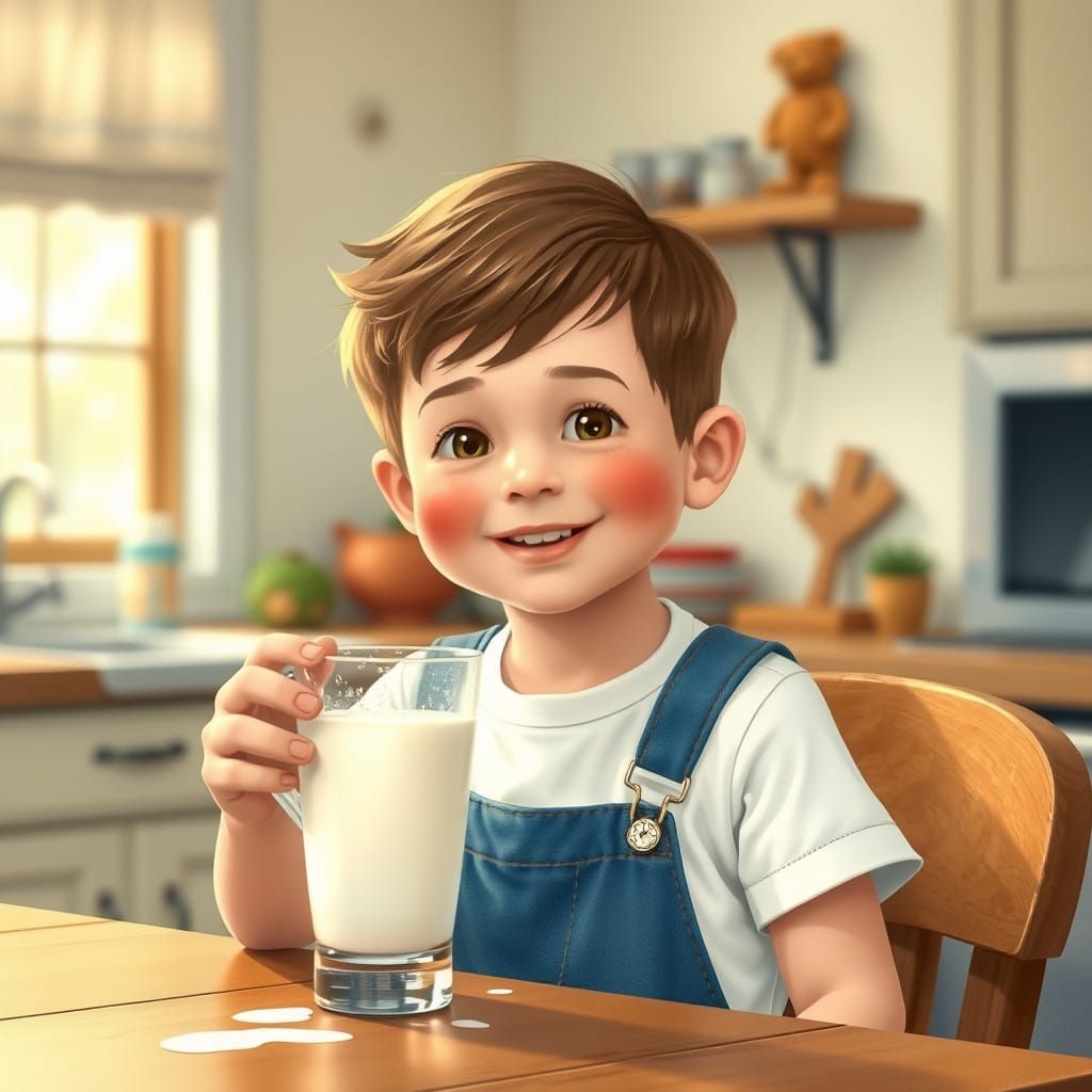 Cozy Boy Sips Cold Milk in Wholesome Kitchen