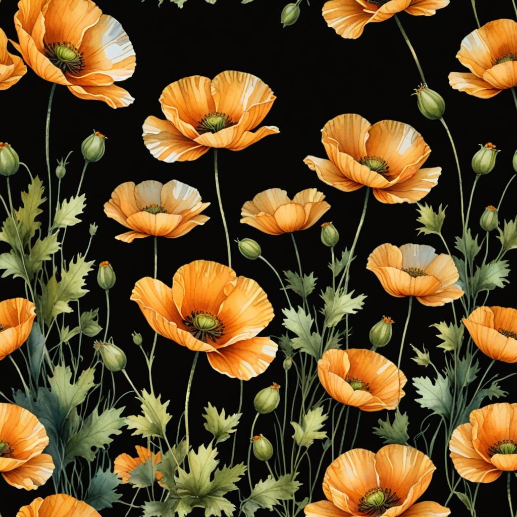 Golden Poppies in Serene, Etherial Watercolor Style